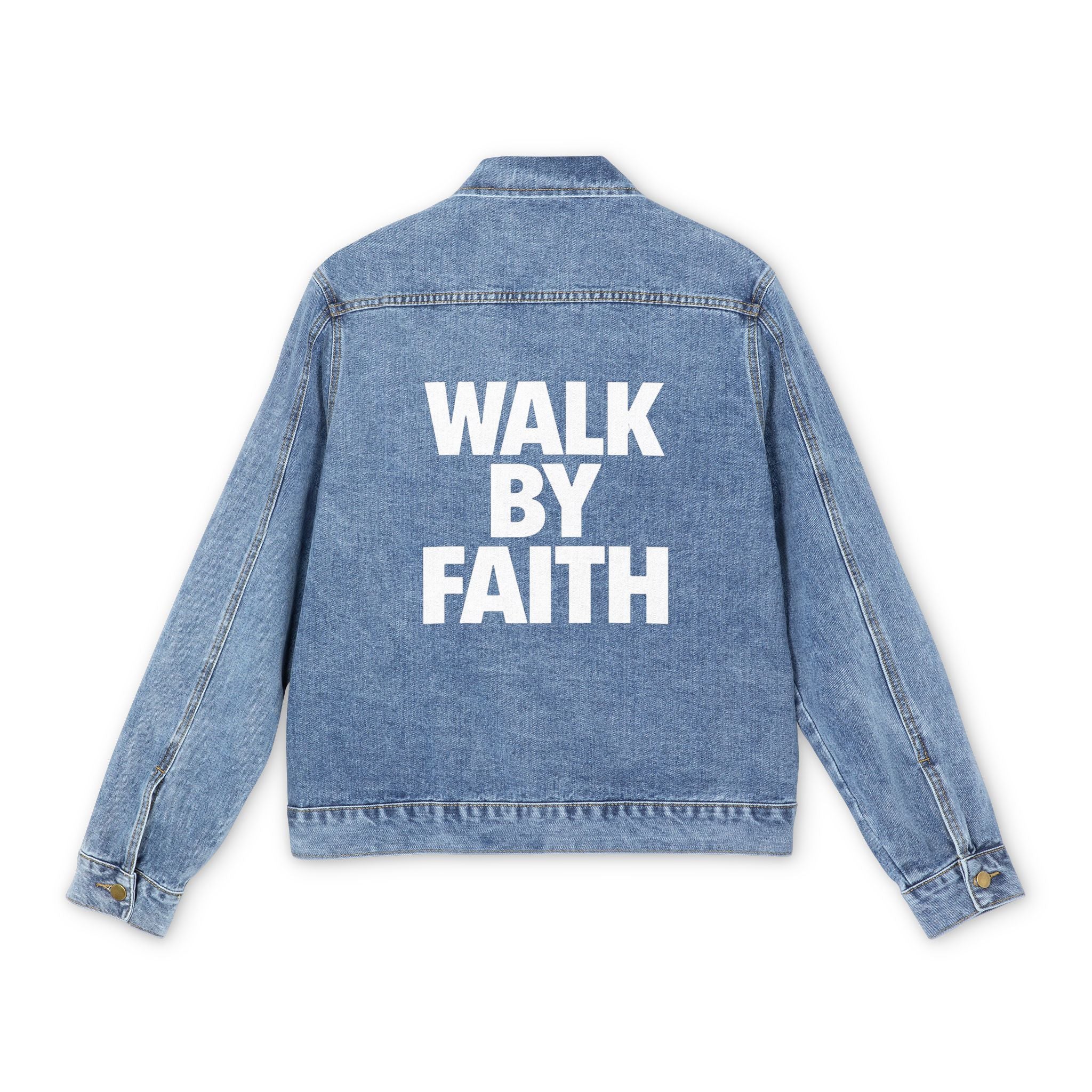 "WALK BY FAITH" Graphic Back Print, Oversize Denim Jacket